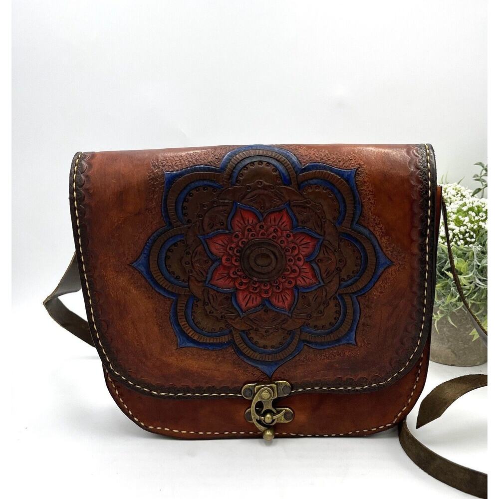 Tooled Brown Leather Mandala Vintage Saddle Boho Shoulder Bag Purse Y2k‎